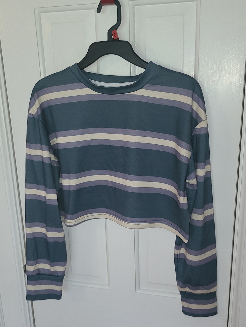 Striped Long-Sleeve Cropped Top in Teal, Lavender, And Cream